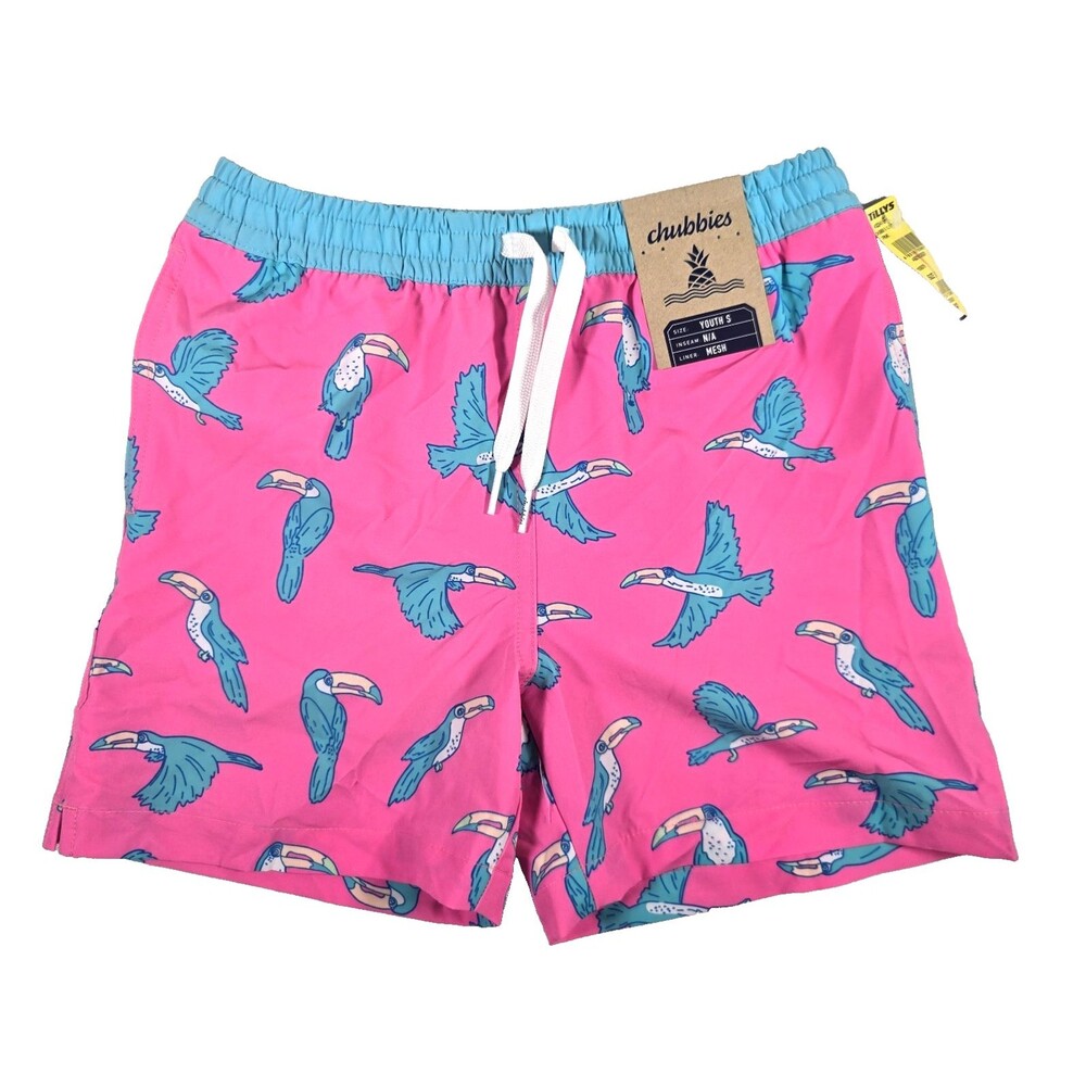 Chubbies Shorts Boys Small Toucan Do It Performance Lined Swim Trunks Pink New